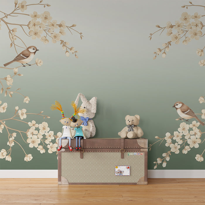 Papier peint chambre bébé | Oiseaux délicats sur branches fleuries au style doux
