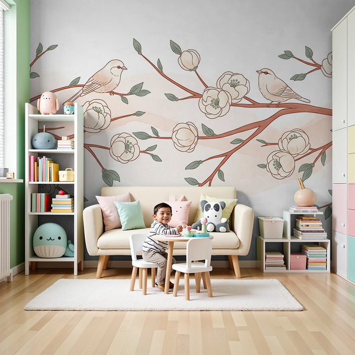 Papier peint chambre bébé | Oiseaux délicats sur de fines branches fleuries