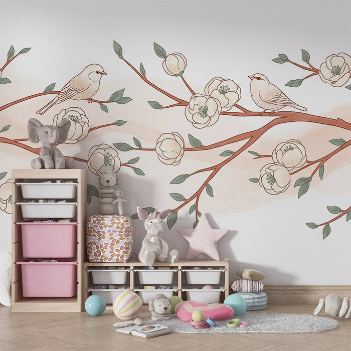 Papier peint chambre bébé | Oiseaux délicats sur de fines branches fleuries