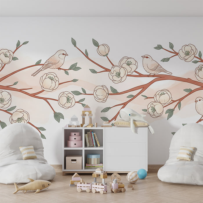 Papier peint chambre bébé | Oiseaux délicats sur de fines branches fleuries