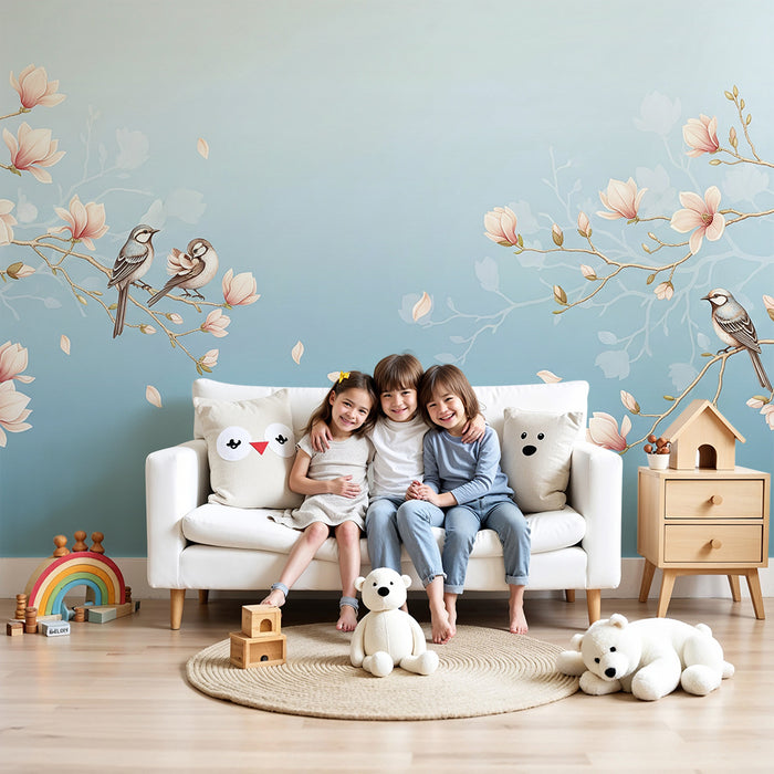 Papier peint chambre bébé | Oiseaux délicats sur des branches de magnolia