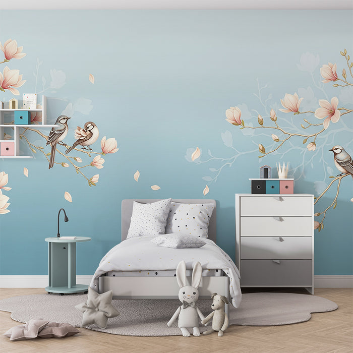Papier peint chambre bébé | Oiseaux délicats sur des branches de magnolia