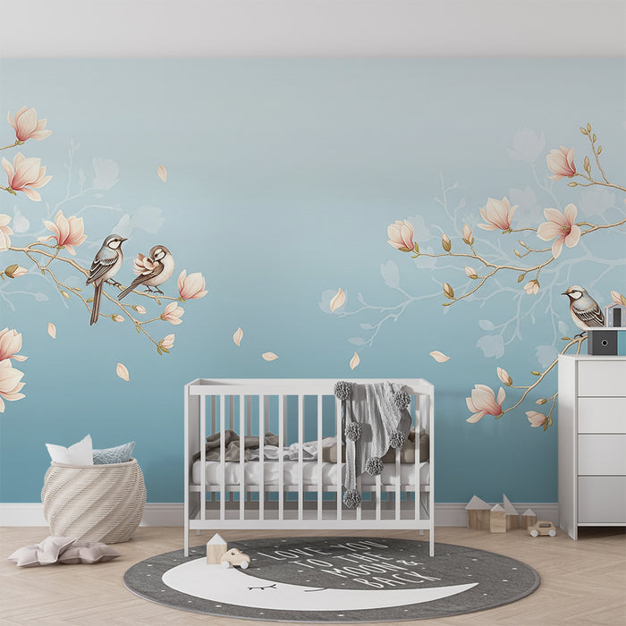 Papier peint chambre bébé | Oiseaux délicats sur des branches de magnolia