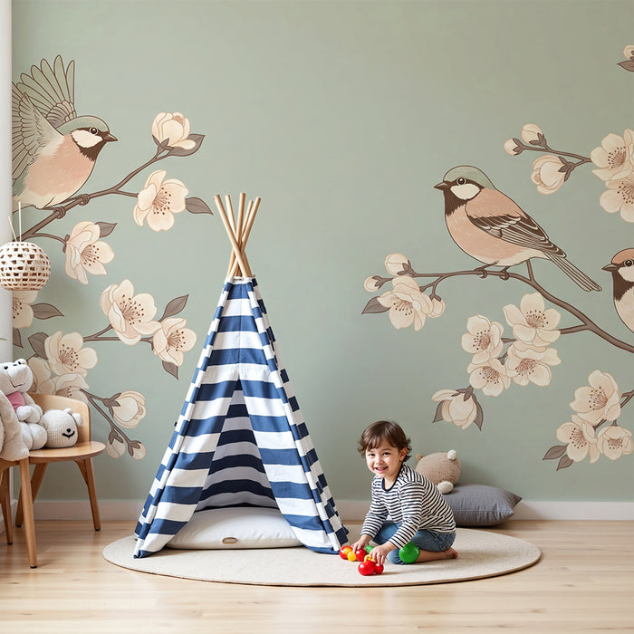 Papier peint chambre bébé | Oiseaux délicats sur des branches fleuries