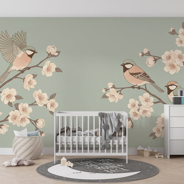 Papier peint chambre bébé | Oiseaux délicats sur des branches fleuries