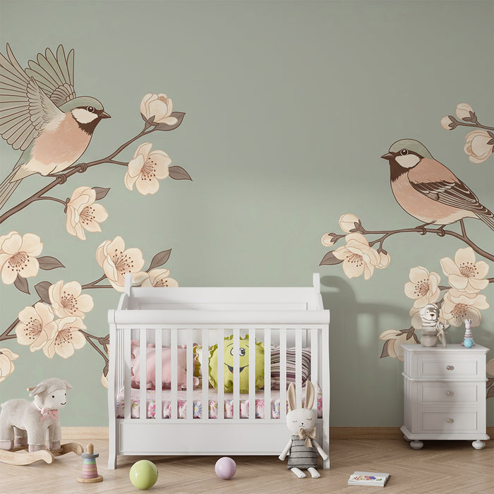 Papier peint chambre bébé | Oiseaux délicats sur des branches fleuries
