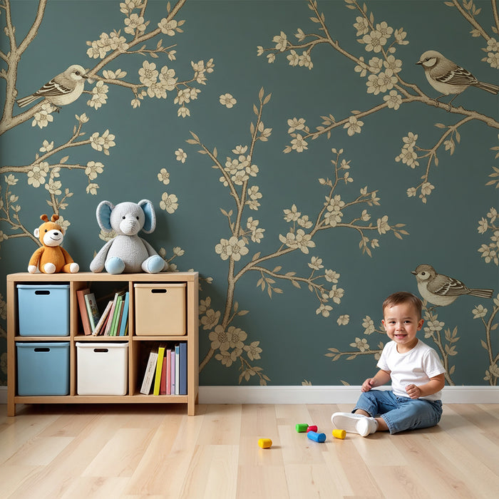 Papier peint chambre bébé | Oiseaux délicats sur fond bleu avec fleurs élégantes