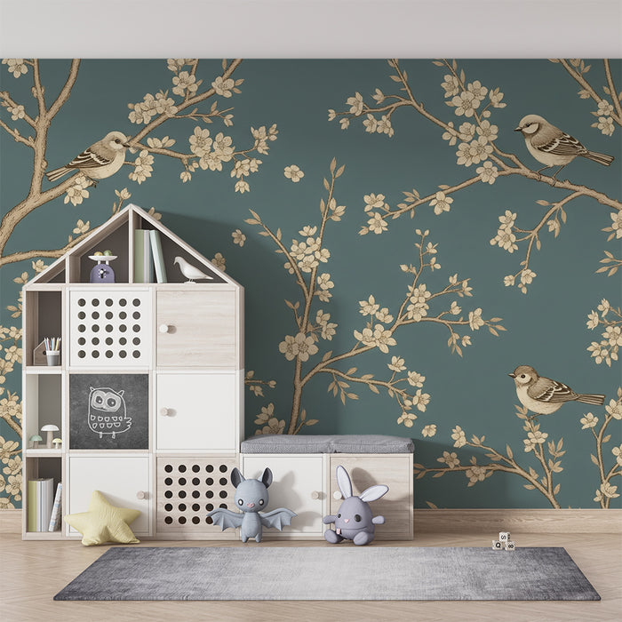 Papier peint chambre bébé | Oiseaux délicats sur fond bleu avec fleurs élégantes