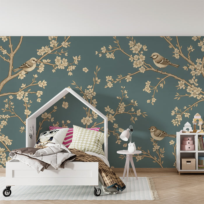 Papier peint chambre bébé | Oiseaux délicats sur fond bleu avec fleurs élégantes