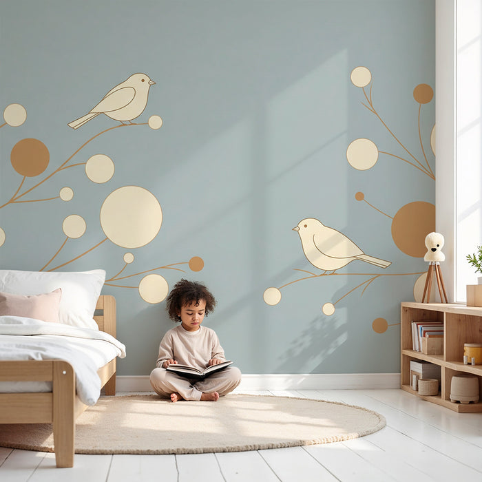 Papier peint chambre bébé | Oiseaux délicats sur fond bleu avec motifs organiques