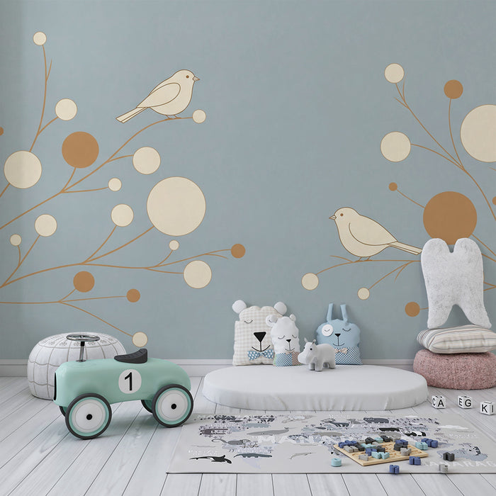 Papier peint chambre bébé | Oiseaux délicats sur fond bleu avec motifs organiques