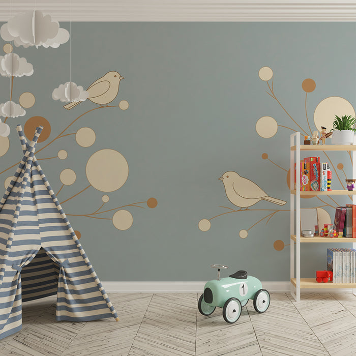 Papier peint chambre bébé | Oiseaux délicats sur fond bleu avec motifs organiques