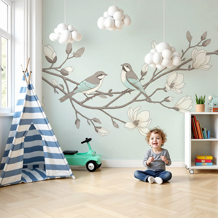 Papier peint chambre bébé | Oiseaux délicats sur une branche de magnolia
