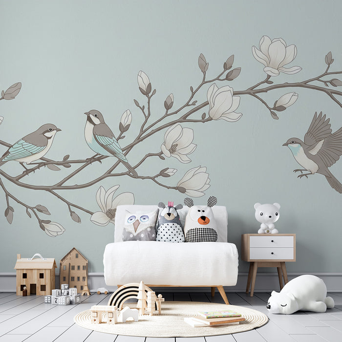 Papier peint chambre bébé | Oiseaux délicats sur une branche de magnolia