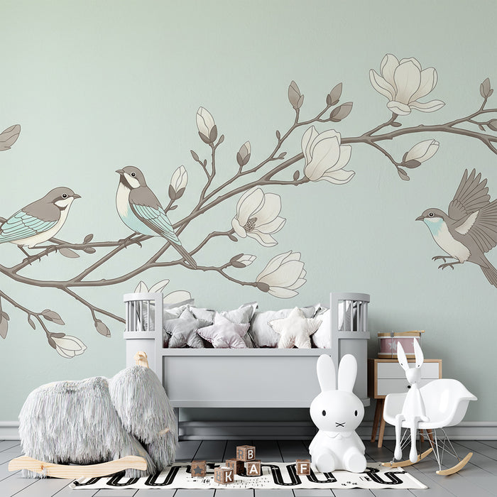 Papier peint chambre bébé | Oiseaux délicats sur une branche de magnolia