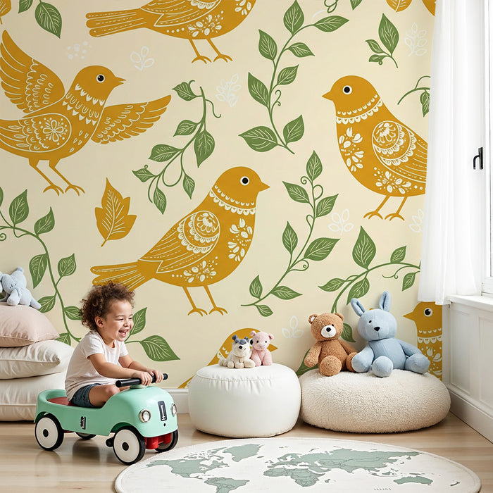 Papier peint chambre bébé | Oiseaux dorés et feuillage sur fond crème