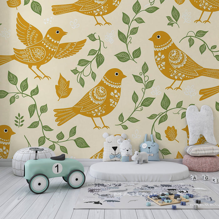 Papier peint chambre bébé | Oiseaux dorés et feuillage sur fond crème