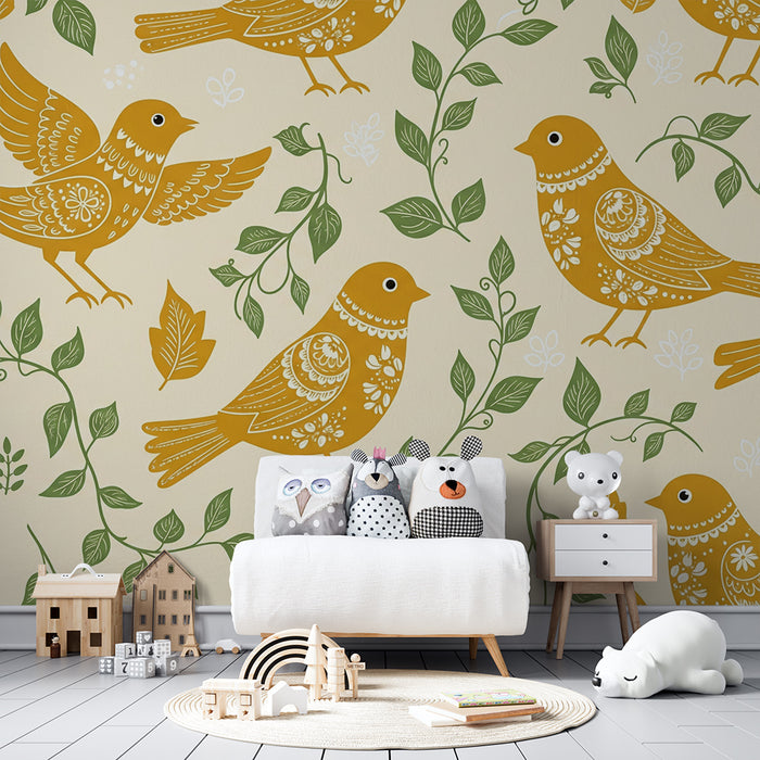 Papier peint chambre bébé | Oiseaux dorés et feuillage sur fond crème