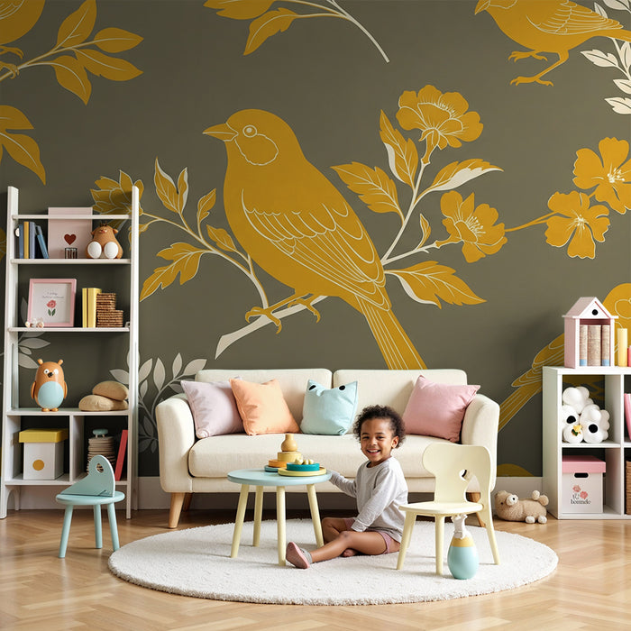 Papier peint chambre bébé | Oiseaux dorés et fleurs sur fond vert
