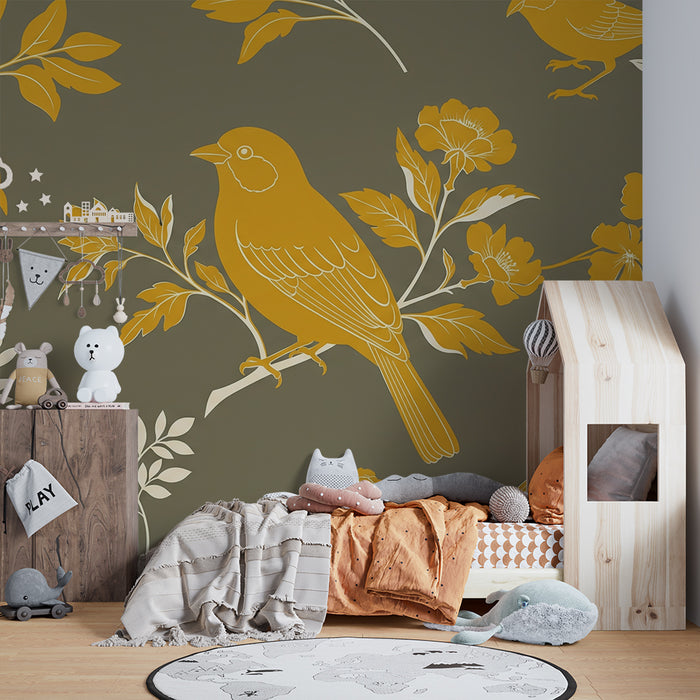 Papier peint chambre bébé | Oiseaux dorés et fleurs sur fond vert