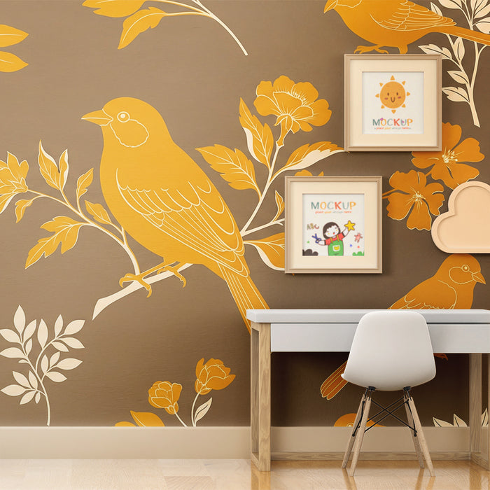 Papier peint chambre bébé | Oiseaux dorés et fleurs sur fond vert
