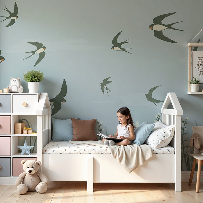 Papier peint chambre bébé | Oiseaux en vol au-dessus d'un champ de fleurs délicates