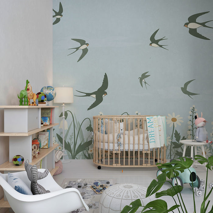 Papier peint chambre bébé | Oiseaux en vol au-dessus d'un champ de fleurs délicates