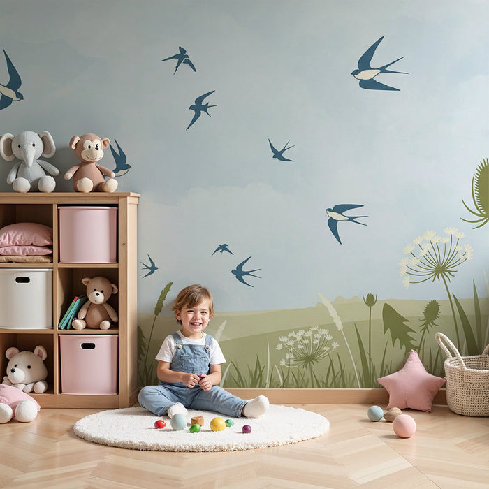 Papel de parede para quarto de bebé | Aves a voar sobre um campo florido