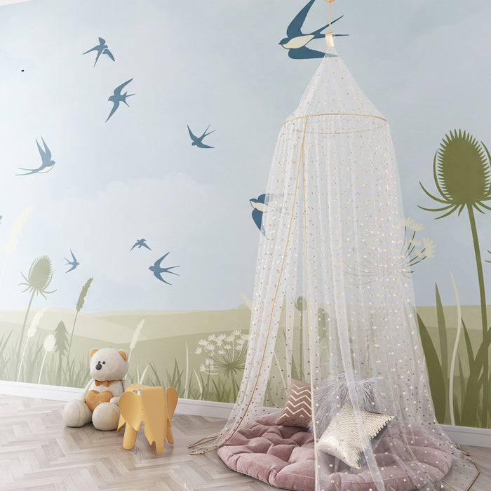 Papel de parede para quarto de bebé | Aves a voar sobre um campo florido