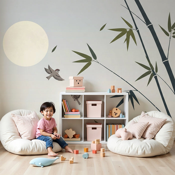 Papier peint chambre bébé | Oiseaux en vol et bambou sous la lune