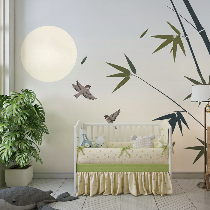 Papier peint chambre bébé | Oiseaux en vol et bambou sous la lune