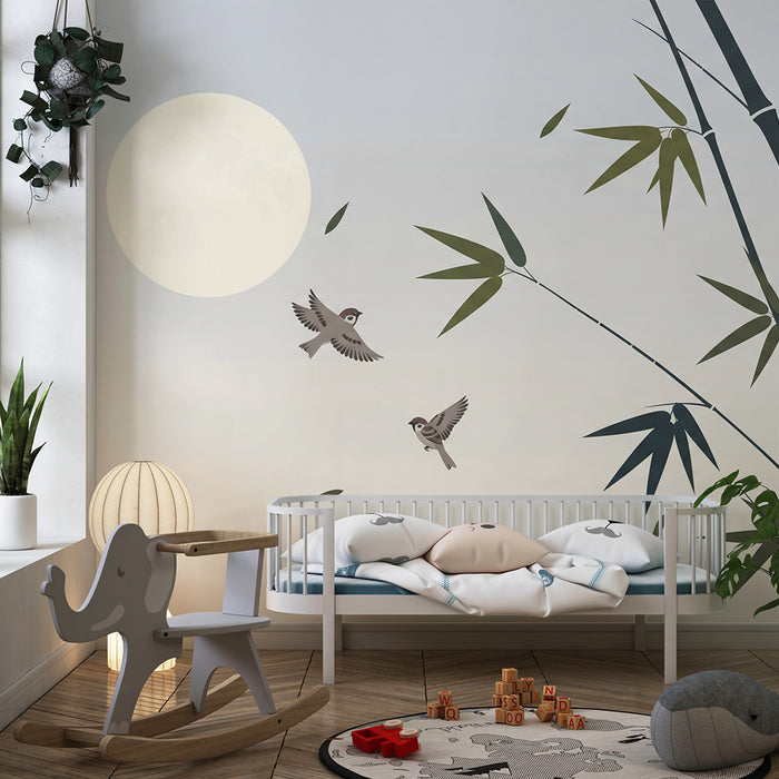 Papier peint chambre bébé | Oiseaux en vol et bambou sous la lune