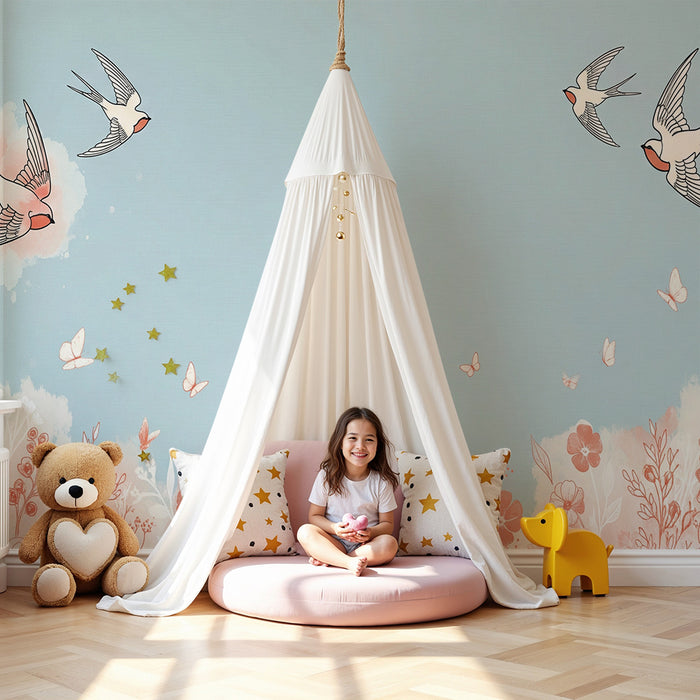 Papier peint chambre bébé | Oiseaux en vol et fleurs délicates sur fond bleu