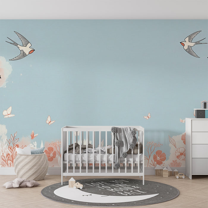 Papier peint chambre bébé | Oiseaux en vol et fleurs délicates sur fond bleu