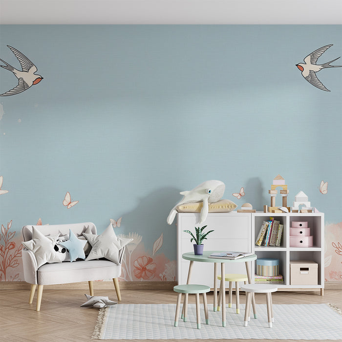 Papier peint chambre bébé | Oiseaux en vol et fleurs délicates sur fond bleu