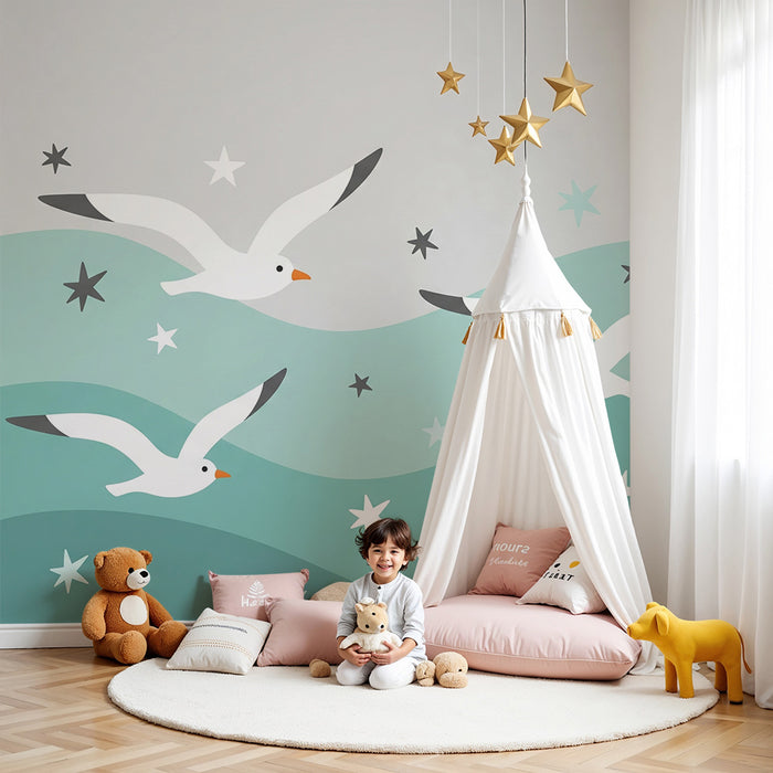 Papel de parede quarto bebê | Ptice v letu in pomirjujoče valovi