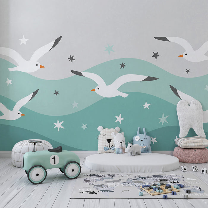 Papel de parede quarto bebê | Ptice v letu in pomirjujoče valovi