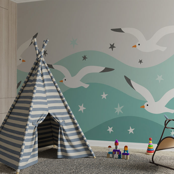 Papel de parede quarto bebê | Ptice v letu in pomirjujoče valovi