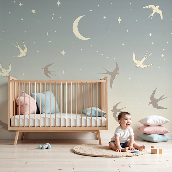 Papier peint chambre bébé | Oiseaux en vol sous un ciel étoilé