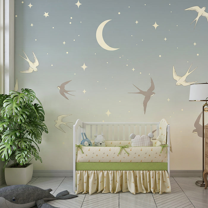 Papier peint chambre bébé | Oiseaux en vol sous un ciel étoilé