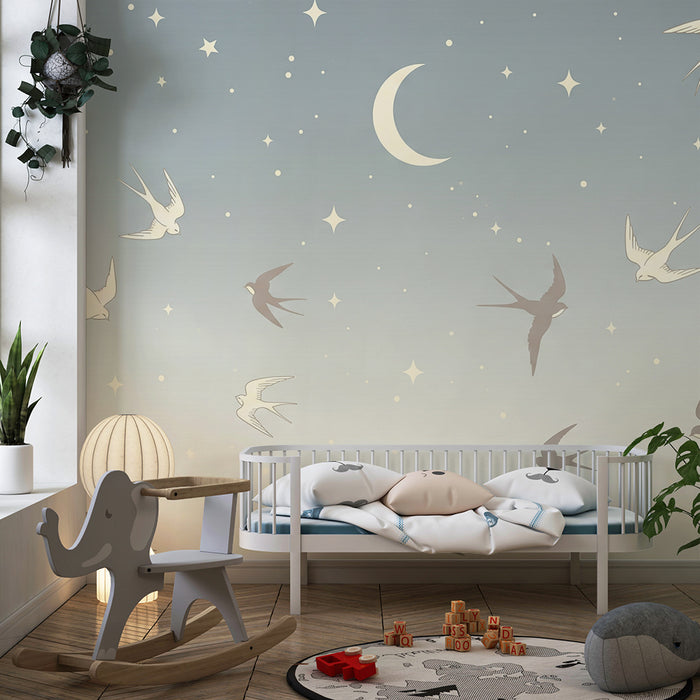 Papier peint chambre bébé | Oiseaux en vol sous un ciel étoilé