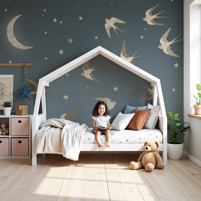 Papier peint chambre bébé | Oiseaux en vol sous un ciel étoilé avec lune