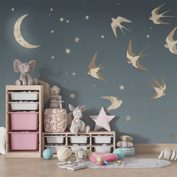 Papier peint chambre bébé | Oiseaux en vol sous un ciel étoilé avec lune