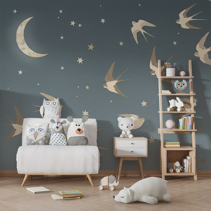 Papier peint chambre bébé | Oiseaux en vol sous un ciel étoilé avec lune