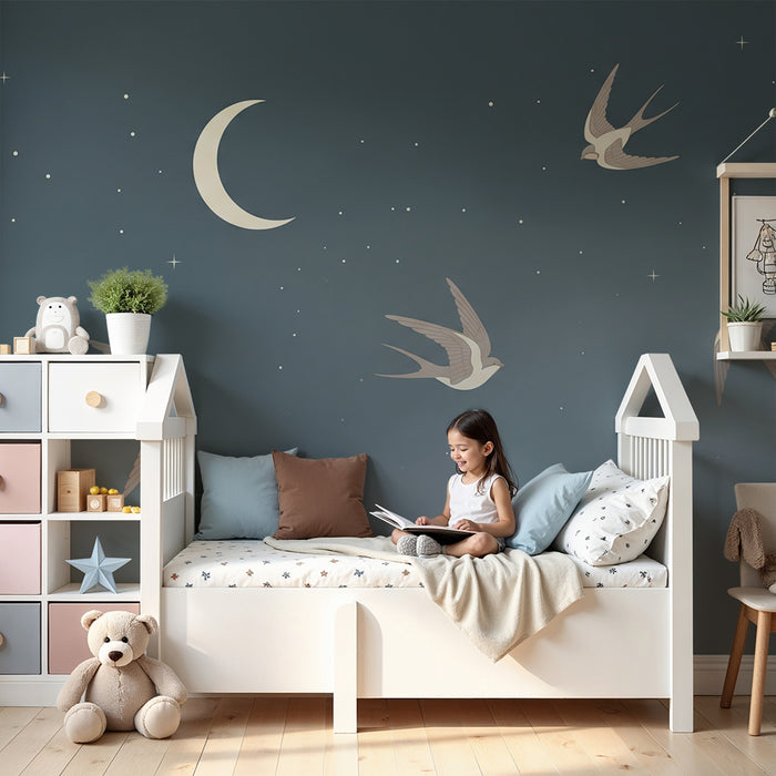 Papier peint chambre bébé | Oiseaux en vol sous un ciel étoilé avec une lune douce