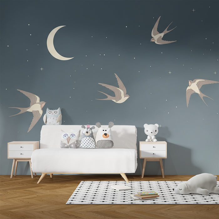 Papier peint chambre bébé | Oiseaux en vol sous un ciel étoilé avec une lune douce