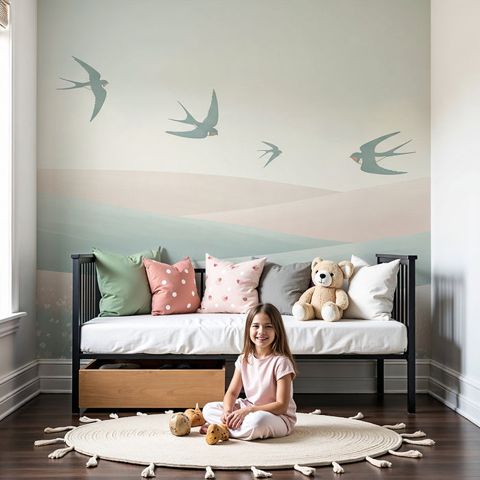 Papier peint chambre bébé | Oiseaux en vol sur des collines pastel