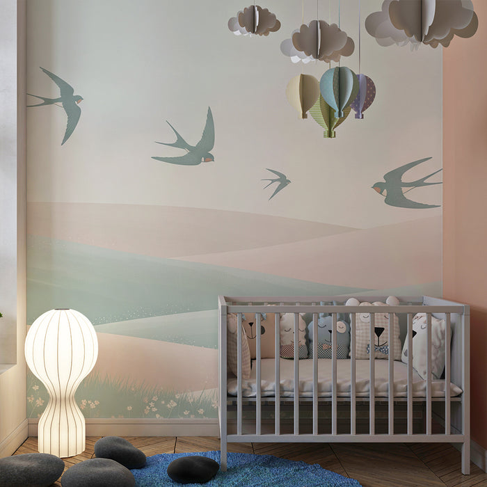 Papier peint chambre bébé | Oiseaux en vol sur des collines pastel
