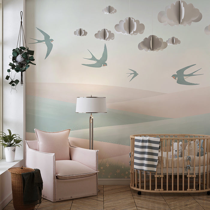 Papier peint chambre bébé | Oiseaux en vol sur des collines pastel