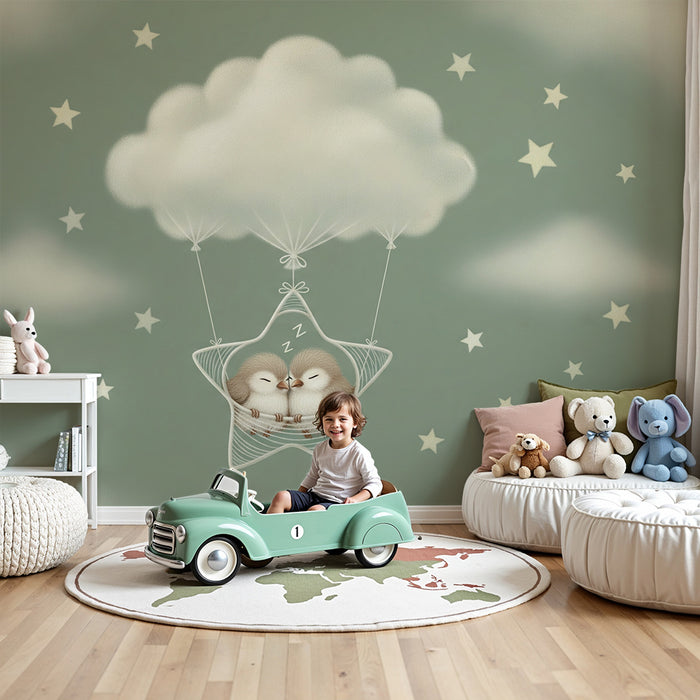 Papel de parede para quarto de bebé | Pássaros adormecidos numa estrela com nuvens e estrelas